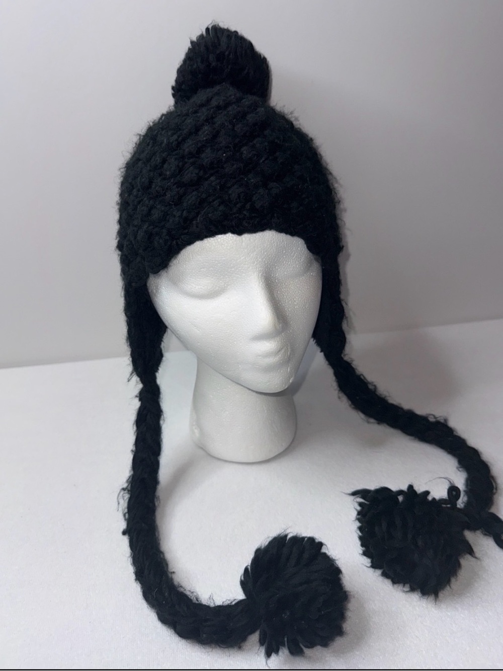 Black Chunky Knit Earflap Hat with Pom Poms